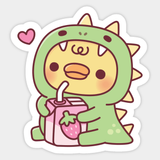 Duck In Cute Dinosaur Costume With Strawberry Milk Sticker